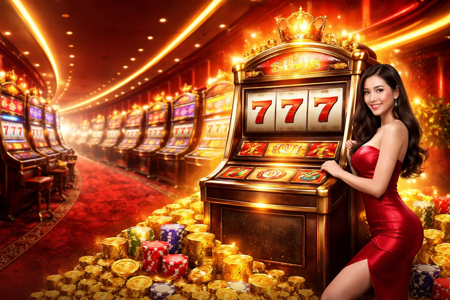 Hình ảnh tổng quan về chiến lược nổ hũ 55vin, với biểu tượng jackpot vàng rực rỡ và các máy slot game hiện đại